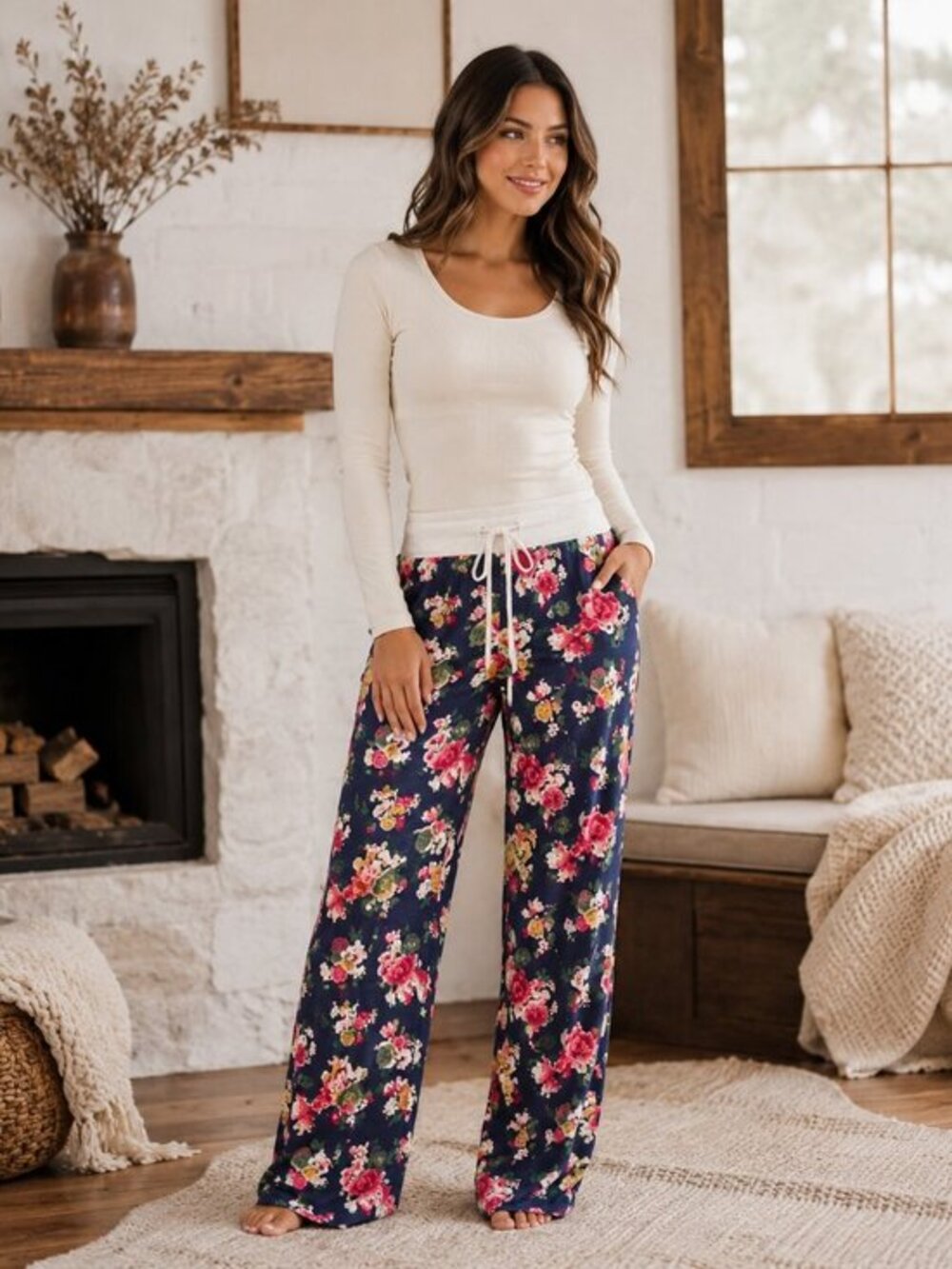 Navy Floral Wide Leg Lounge Pants Drawstring Waist NWT